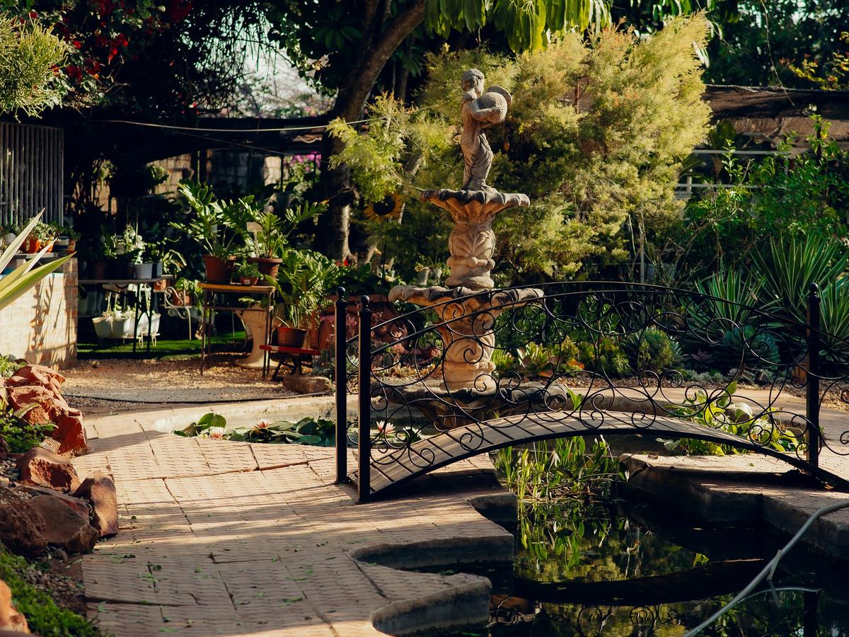 A footbridge over the pond on the garden path